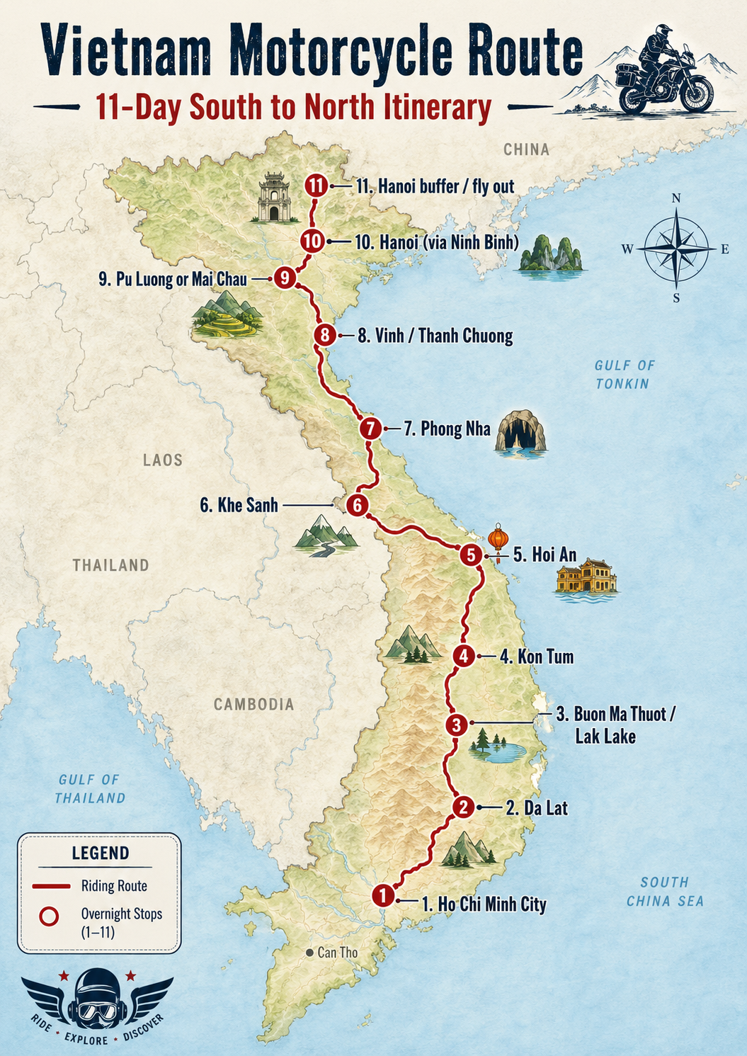 Map of the Vietnam motorcycle route from Ho Chi Minh City to Hanoi